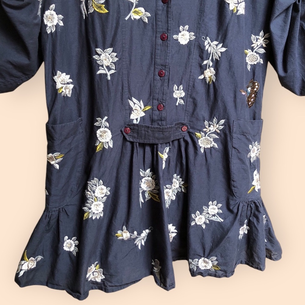 French Connection Navy Blue Floral Embroidered Button Front Blouse Top Women’s 6 - Picture 4 of 10